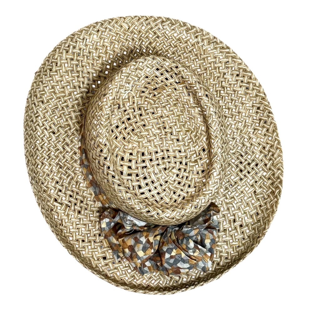 Nelson Designs‎ Straw Sun Hat Wide Brim Geometric Print Bow Made in USA OSFA